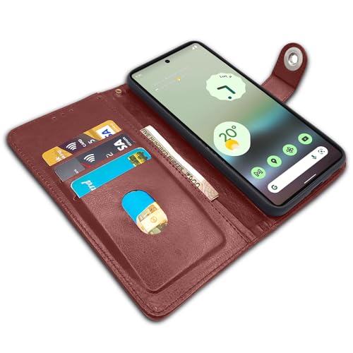 Image of Pikkme Google Pixel 6a Flip Cover Leather Finish | Inside TPU with Card Pockets | Wallet Stand and Shock Proof | Complete Protection Button Flip Case (Brown)