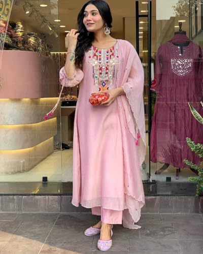 Image of Women's Cotton Mirror Work Embroidered Straight Kurti with Pant and Dupatta Set