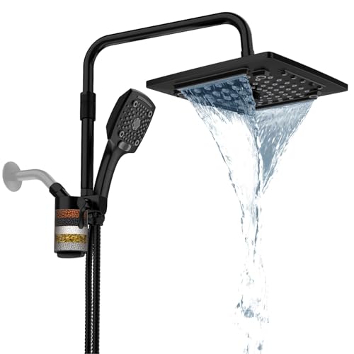 Image of ELLO&ALLO Filtered Rain Shower Head with Handheld Spray, Rainfall Shower Head Combo with 59 inch Hose, Dual Showerhead Set with Adjustable Shower Extension Arm, Matte Black