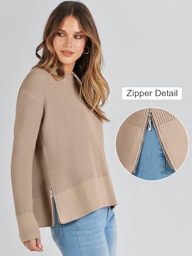 ANRABESS Womens 2025 Fall Waffle Sweaters Long Sleeve Thumbhole Casual Knitted Side Zipper Pullover Sweaters Top3