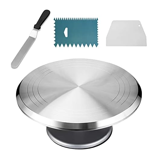 TANGCHU Sl Spatula & Decorating Comb | Non Slip Rubber Base, Durable Aluminum, Rotating |F, Birthdays, Round Cake Revolving Turnable 12''Stand With Icing Spatula & Decorati