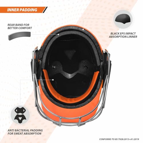Image of DSC Empra Titanium BSI Approved Professional Cricket Helmet | BS7928 Certified Pro-Standard Hard Ball Helmet with Ultra-Light Titanium Grill & Advanced Shock Absorption | Color: Orange | Size: M