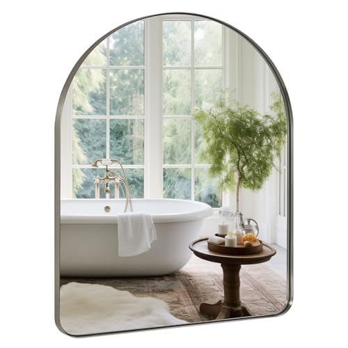 Image of ANDY STAR Arched Mirror, 30 x 36 Inch Brushed Nickel Wall Mirror in Stainless Steel Metal Frame, Arch Top Rounded Corner 1 Inch Deep Set Design Wall Mount Hangs Vertical