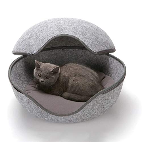 Grotte pour chat en feutre gris avec coussin confortable pour étagère