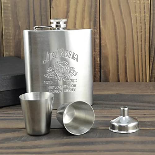 Image of AUGEN Hip Flask Stainless Steel Leak Proof Jim Silver Beam Leather Stiched 7oz (210ml) Liquor Pocket Flasks or Alcoholic Beverage Holder Set with Two Shot Glasses and Funnel Gift Set