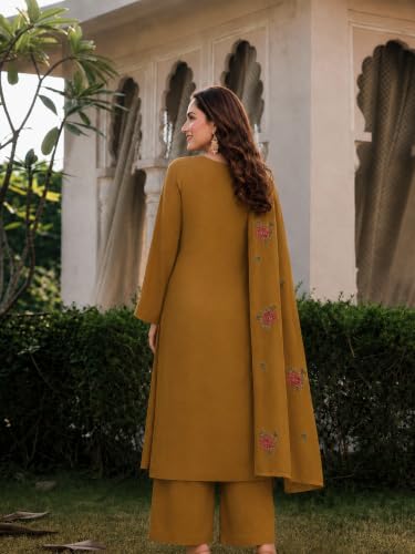 Image of ANNI Designer Kurta Sets for Women Viscose Blend Embroidered | Kurta Palazzo Dupatta Set | Designer Kurti Set for Women | V Neck Full Sleeve Ethnic Suit | Indian Kurta Outfit with Palazzo Pants