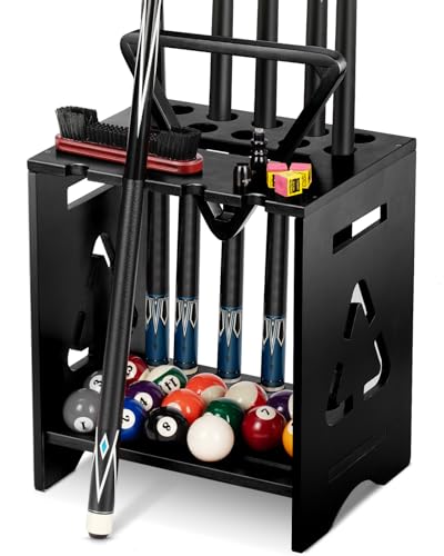 EXTCCT Pool Stick Holder Floor Stand - Hardwood Solid Wood Pool Cue Rack for 10 Cues, Billiard Cue Holder with Pool Table Accessory Organizer for Game Room or Home Bar（black）