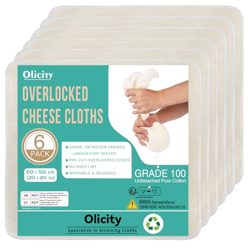 Olicity Passiertuch 6er Set | Premium Overlock-Käsetuch 50x50cm fein gewebt & ungebleicht | Wiederverwendbare Cheesecloth für Käseherstellung & Gelee | Ideal zum Abseihen Saft auspressen |Baumwollgaze