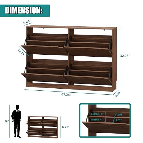 Image of Xixini Shoe Storage Cabinet for Entryway with 4 Flip Drawers, Sturdy Wood Hidden Shoe Storage, Freestanding Narrow Slim Shoe Organizer for Front Door Entrance, Living Room, Hallway, Bedroom, Walnut