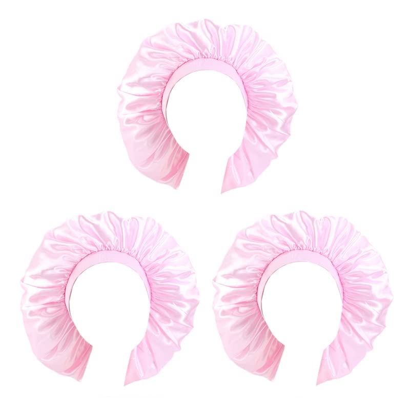 DEPHNARSA 3PCS Extra Large Sleep Cap Jumbo Cap Large Satin Bonnet with Comfort Elastic Band (F-Pink 3PK)