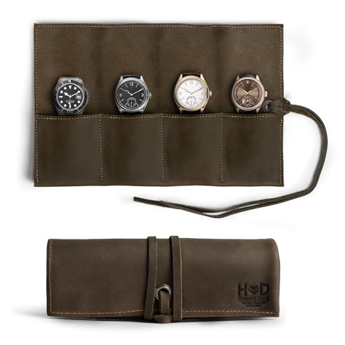 Image of Hide & Drink, Leather Watch Roll Organizer Handmade from Full Grain Leather, Holds Up to 4 Watches, Easy Carry On Watchlover Storage (Dark Jade)