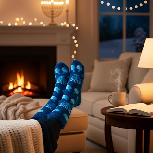 Image of Menorah Hanukkah Fuzzy Socks - Cozy Winter Holiday Crew Socks Unisex Size 10-13 - Soft Festive Blue Menorah with Dreidels - Perfect Warm Gift for Chanukah Celebration Jewish Holiday Party Favors