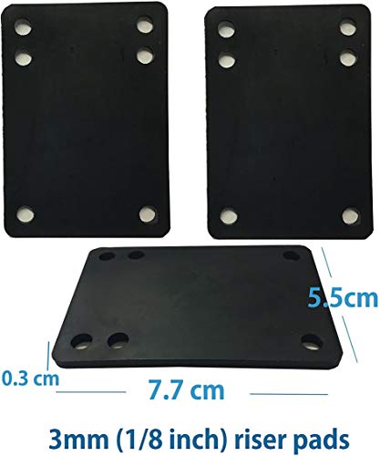 Image of VJ Longboard Skateboard Riser Pads, Rubber, Set of 2, Size 3mm (1 /8 inch) 6mm (1 /4 inch) 12mm (1 /2 inch) 14mm Angel Wedge Riser Pads, Black