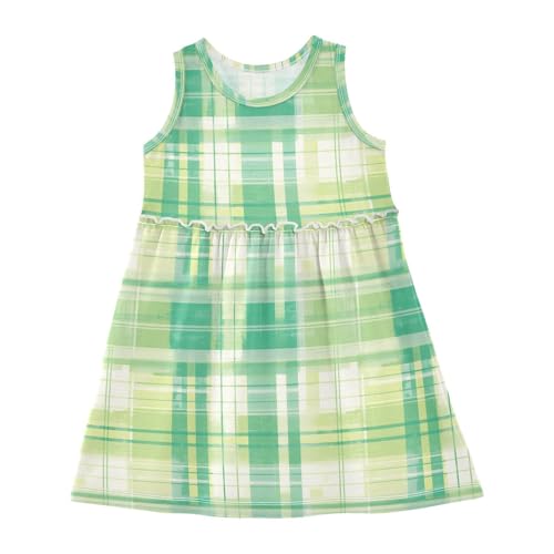 KLL Green Plaid Girl Party Dresses Swing Beach Sundress Summer Clothes O Neck