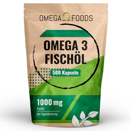 Omega 3 Fischöl Kapseln – 500 Kapseln Hochdosiert – 1000mg Fischöl und 350mg Omega3 Fettsäuren Pro Kapsel im 500er Sparpaket