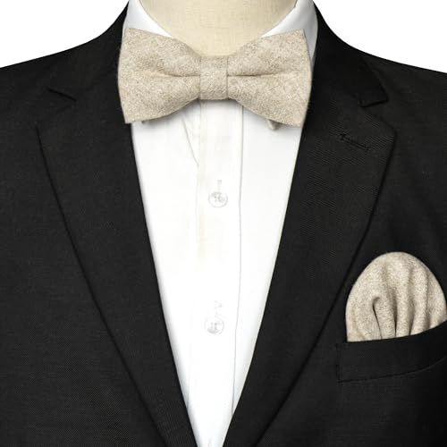 JEMYGINS Fliege Herren Beige in Wolle Kaschmir Einfarbig Filz Geeignet für Herbst und Winter und Einstecktuch Sets(3)