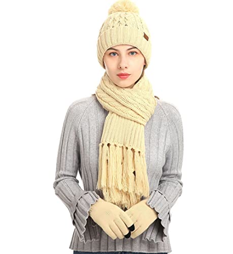 Laine acrylique tricotée ensemble trois pièces femme bonnet écharpe gants chauds hiver beige