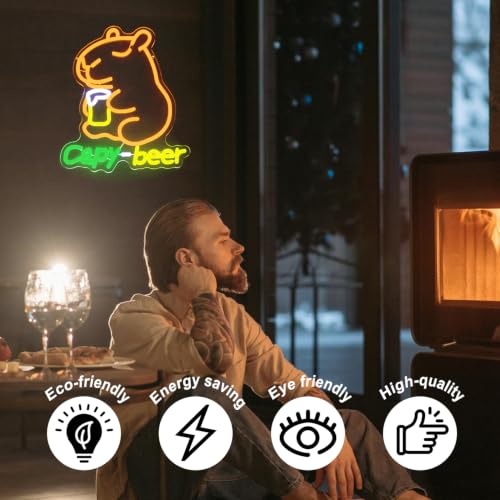 Image of Capybara Beer Neon Sign Animal LED Lights for Bar Man Cave Wall Decor Gifts | Funny Cartoon Neon Light, Dimmable Capy Beer LED Sign, USB Powered, Acrylic Bar Neon Wall Sign, Birthday Gifts, Party Supply
