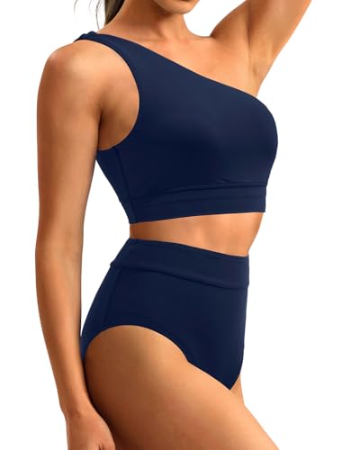 Image of Holipick Women One Shoulder High Waisted Bikini Sets Two Piece Swimsuit Tummy Control Bathing Suit Full Coverage Swimwear