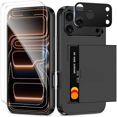 SAMONPOW for iPhone 17 Pro Wallet Case with Card Holder + 2 Screen Protector + Camera Lens Protector Heavy Duty Protective Shockproof Dual Layer Hidden Card Slot Slim Cover for Women Men, Black