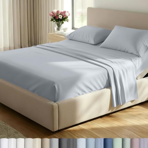 Image of California Design Den 500TC 100% Cotton Split King Sheets Set, Mineral Grey | Good Housekeeping Seal, OEKO-TEX Certified, Silky-Soft Sateen Weave, 5pc Set, 15 inch Deep Pockets, For Hot Sleepers, All-Season
