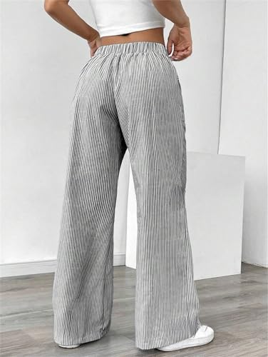 2025 Casual Women's Drawstring Striped Pants with Pockets, Elastic Waist Loose Striped Wide Leg Lounge Trousers3