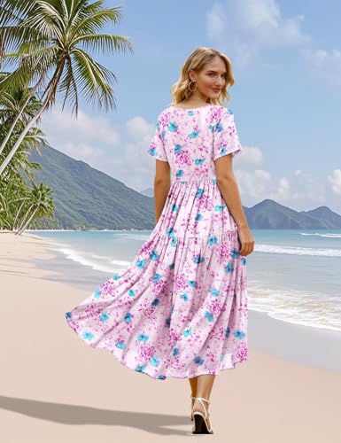 Image of YESNO Women's Summer Maxi Dresses Casual Floral Short Sleeve V Neck Boho Beach Vacation Swing Dress with Pockets EVF
