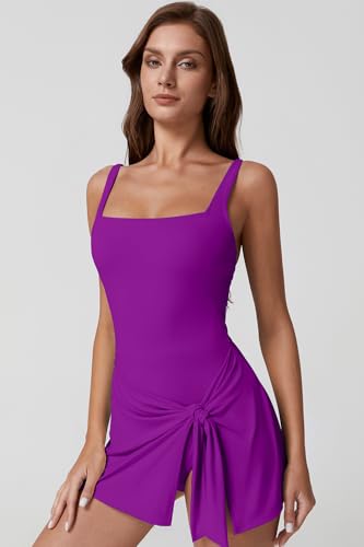 Image of QINSEN Square Neck Swim Dress for Women Tummy Control One Piece Swimsuit Wrap Bathing Suit