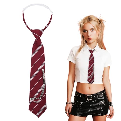 Gsyziux Striped Ties for Women Kids, Pre-tied Womens Tie with Metal Chain Womens Neckties for School Uniform Band Party (Wine Red White Striped)