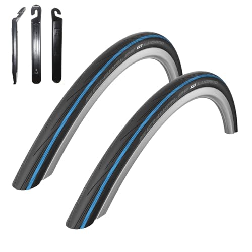 2 x Schwalbe Lugano 28' Rennradreifen Reifen Schwarz - Blauer Streifen 700 x 25C (25-622) inkl. 3 Reifenheber