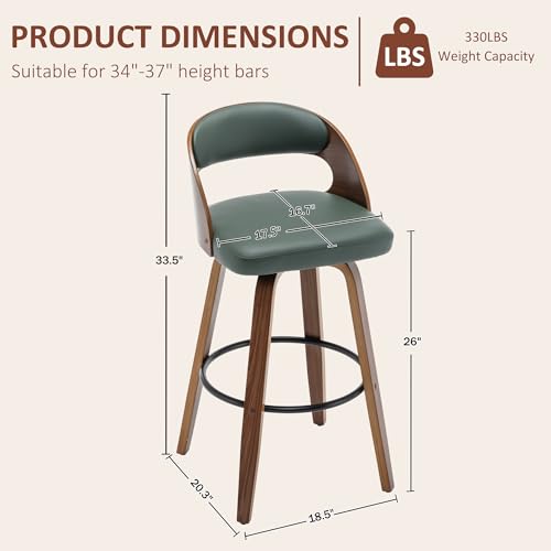 Image of AQG Swivel Bar stools Set of 4 Bar Chairs 26 inch Counter Height Mid-Century Modern Bentwood Barstool PU Leather Upholstered Bar Chair with Back and Footrest, for Bar, Cafe, Dining, Kitchen Island, Green