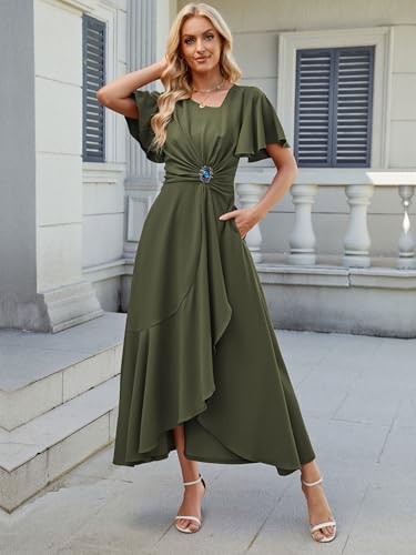 Image of QMZ Wedding Guest Dresses for Women V Neck Cocktail Dress Ruffle Sleeve A Line Evening Party Formal Dresses for Women