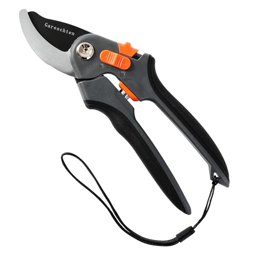 Tijeras de podar de jardín de 8.7 pulgadas, resistentes, tijeras de podar de derivación con manos pequeñas y grandes, mango antideslizante ajustable, tijeras de podar SK5 de hoja afilada y tijeras de