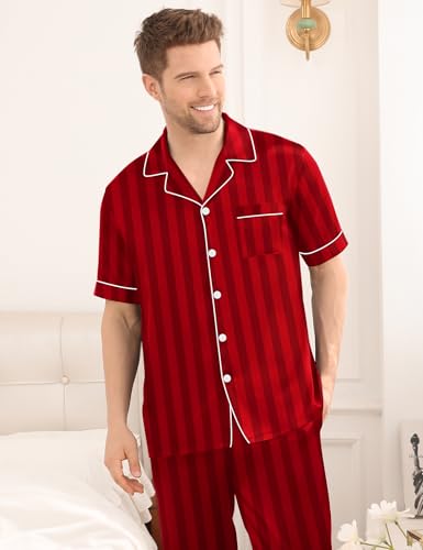 Image of SWOMOG Mens Satin Pajama Set Short Sleeve Classic Sleepwear Button Down Silky Loungewear with Long Pants