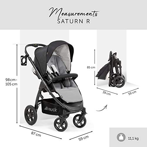 Hauck Kombi Kinderwagen mit Beindecke Saturn R / All Terrain / bis 25 kg / Wendbar / Höhenverstellbar / Kompakt Faltbar / Getränke Halter / Kompatibel mit separater Babywanne & Babyschale / Schwarz