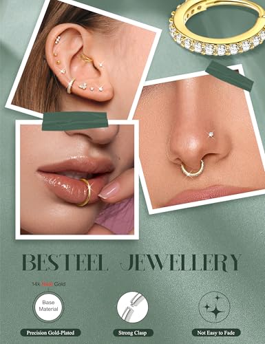 Besteel Gold Plated Nose Rings for Women - 14K Gold Filled Hypoallergenic Surgical Steel Nose Ring Hoops 20G CZ Screw L Shaped Nose Studs Nose Piercings Jewelry for Women Men2