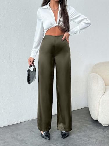 Womens Casual Long Pants Solid Color Satin Low Waist Wide Leg Pants2