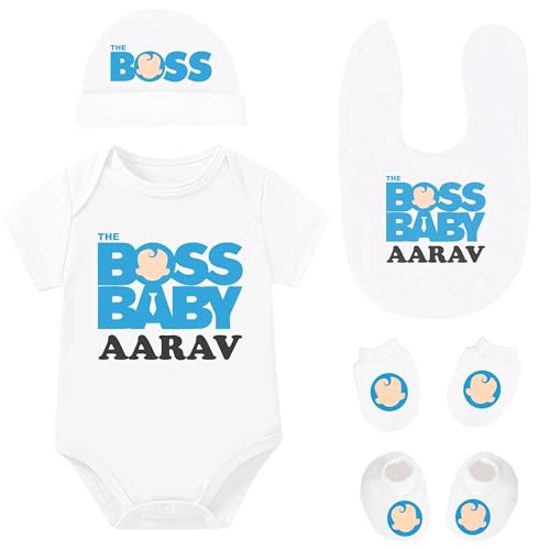 Lillypupp Personalised name new born baby clothes gift set for boy girl. Customized boss baby Romper caps mittens socks bib combo for boys and girls (0-3 months)