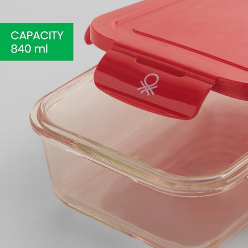 Image of United Colors of Benetton 840 ML Borosilicate Glass Food Storage Container with Airtight Red Lid - Leakproof, Microwave, Oven, Freezer & Dishwasher Safe - Durable & Reusable Lunch /Dinner Box