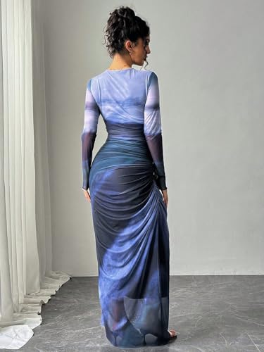 Image of LIGHT DOT Women's Printed Bodycon Maxi Dress Long Sleeve Tie Dye Mesh Ruched Cocktail Dress