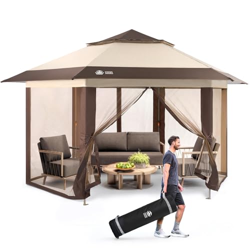 CROWN SHADES 13x13 Pop Up Gazebo with Mosquito Nettings, Patented Center Lock 6-Sided Portable Gazebo, 300D Silver-Coated Fabric UV Resistant, Pop Up Canopy Tent for Patio, Party, Beige&Coffee