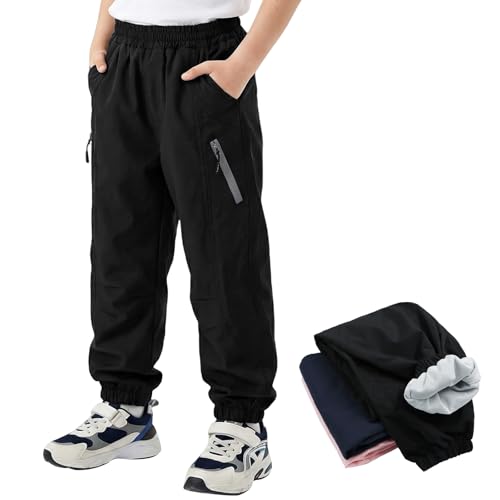 Domueay Kinder Wanderhose Jungen Wasserdicht Winddicht Atmungsaktiv Softshellhose mit Mesh Futter Elastischem Bund Weiche Regenhose Trekkinghose Outdoorhose Matschhose, GR.140-146, Schwarz