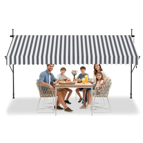 VA-Cerulean Klemmmarkise, Markise Sonnenschutz Balkon Ohne Bohren, Balkonmarkise Höhenverstellbar UV-beständig, Wasserabweisend mit Handkurbel (350cm Breit, Grau Weiße Streifen)
