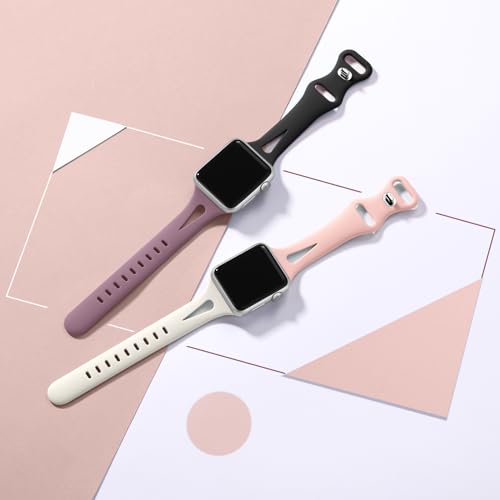 Image of Getino Slim Bands Compatible with Apple Watch Band Series 11 10 9 8 7 6 5 4 3 2 1 SE 38mm 40mm 41mm 42mm Women, Dressy Silicone Skinny Thin Sport iWatch Wristbands,Black /Pink /Smoke Purple /Starlight