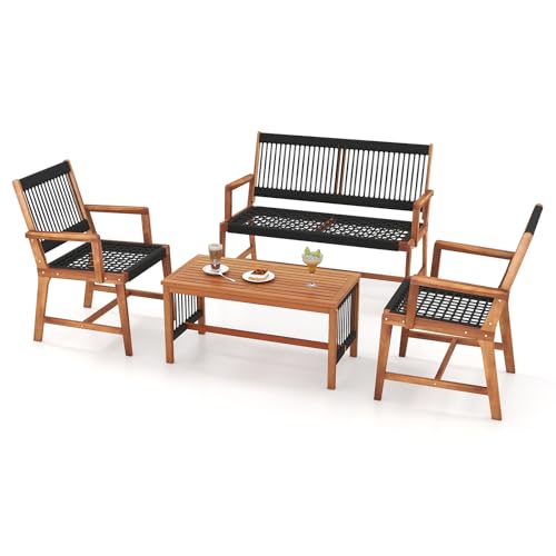 HAPPYGRILL 4 Pieces Patio Furniture Set Acacia Wood Conversation Set with Hand-Woven Rope Design, Ergonomic Loveseat & Single Chairs, Wooden Chair & Table Set for Porch Yard Poolside
