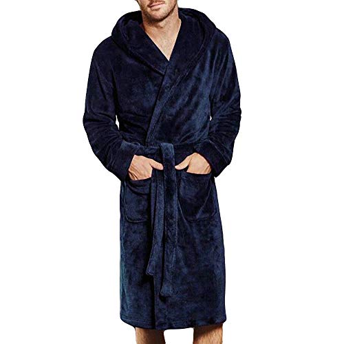 Tonsee Herren Bademäntel Kapuzen Saunamantel Weich Morgenmantel Kuschelfleece Mode Übergröße Einfarbig Saugfähige Robe Flanell Schal Handtuch Wickeln Sleepyhead mit Gürtel und Taschen (5XL, Blau) Cover