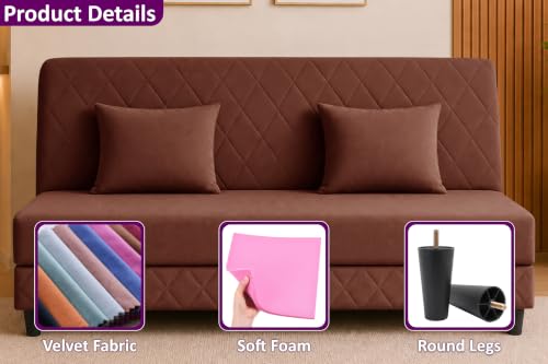 Image of Velvet Fabric Sofa Cum Bed | 3 Seater Sofa Bed | Premium Upholstered Folding Couch for Living Room, Guest Room & Bedroom | Quilted Backrest with 2 Cushions (Brown)