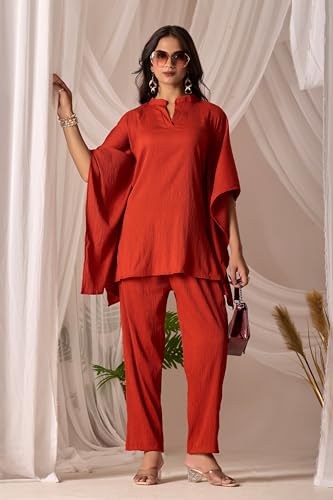 Image of Sidhidata Women's Solid Color V-Neck Kaftan Sleeve Casual Wear Co ord Set | Kurta Set for Women (Delta)