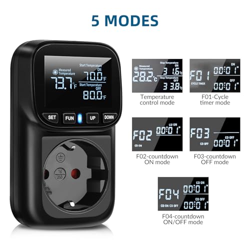 Digital Temperaturregler Steckdose,230V Thermostatsteckdose mit 2m Fühler,Heizung Kühlen Temperaturschalter Thermostat Steckdose Temperaturschalter für Gewächshaus Aquarium Kühlschrank