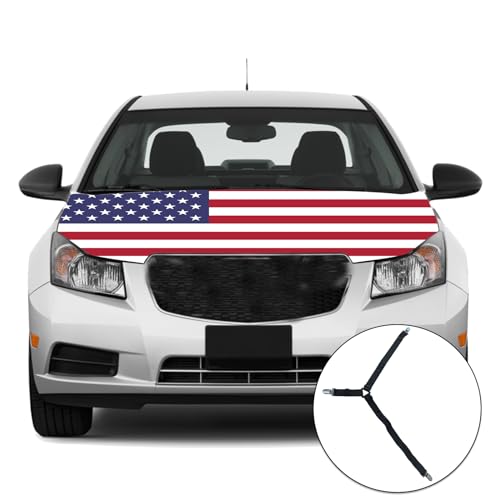 Image of American Hood Flag Cover - 59x51 in Car Hood Cover American Flag for Car Decor, Patriotic Car American Flag with 2 Pack Adjustable Triangular Fasteners